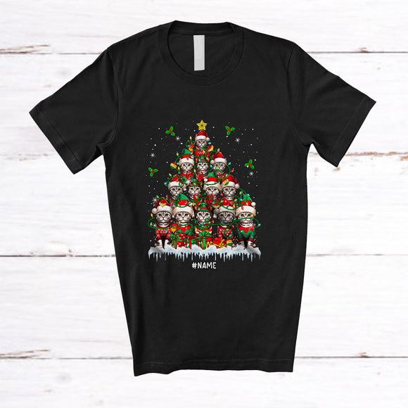 MacnyStore - Personalized Custom Name American Shorthair Cat Christmas Tree; Merry X-mas Lights Family T-Shirt