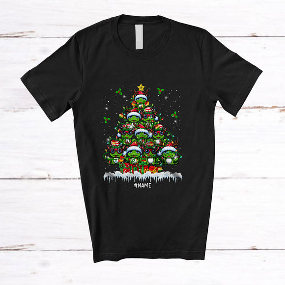 MacnyStore - Personalized Custom Name Frog Christmas Tree; Merry X-mas Lights Snowing; Family Group T-Shirt