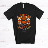 MacnyStore - Personalized Custom Name Happy Fall Y'all; Amusing Thanksgiving Plaid Paws Corgi Owner T-Shirt