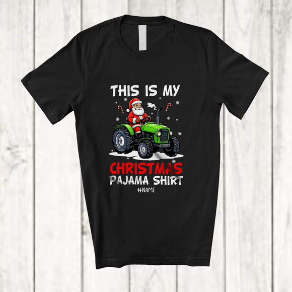 MacnyStore - Personalized Custom Name My Christmas Pajama Shirt; Joyful Santa Driving Tractor Farmer; Family T-Shirt