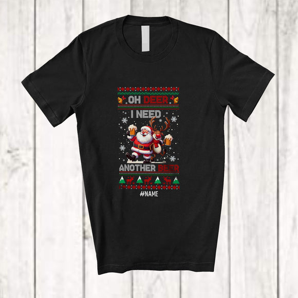MacnyStore - Personalized Custom Name I Need Another Beer; Cheerful Christmas Sweater Santa Reindeer Drinking T-Shirt