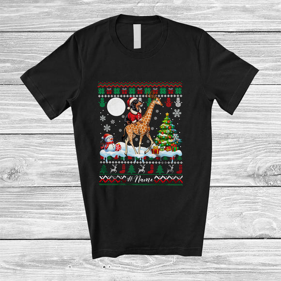 MacnyStore - Personalized Custom Name Santa Dachshund Riding Giraffe; Merry Christmas Sweater Moon Animal T-Shirt