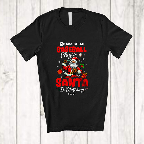 MacnyStore - Personalized Custom Name Nice To Baseball Player; Amusing Christmas Santa Playing Baseball T-Shirt