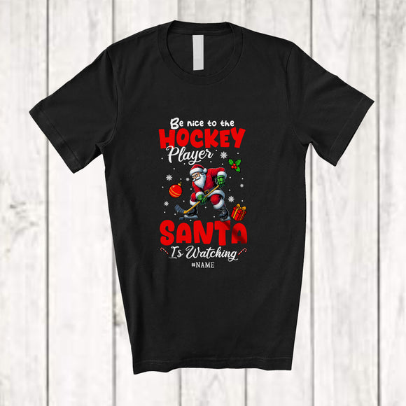 MacnyStore - Personalized Custom Name Nice To Hockey Player; Amusing Christmas Santa Playing Hockey T-Shirt