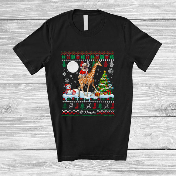MacnyStore - Personalized Custom Name Santa Pug Riding Giraffe; Merry Christmas Sweater Moon Animal T-Shirt