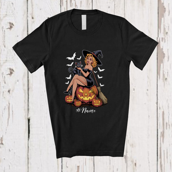 MacnyStore - Personalized Custom Name Witch With Black Cat On Pumpkin; Lovely Halloween Family T-Shirt