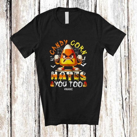 MacnyStore - Personalized Custom Name Candy Corn Hates You Too; Horror Halloween Costume Family Group T-Shirt