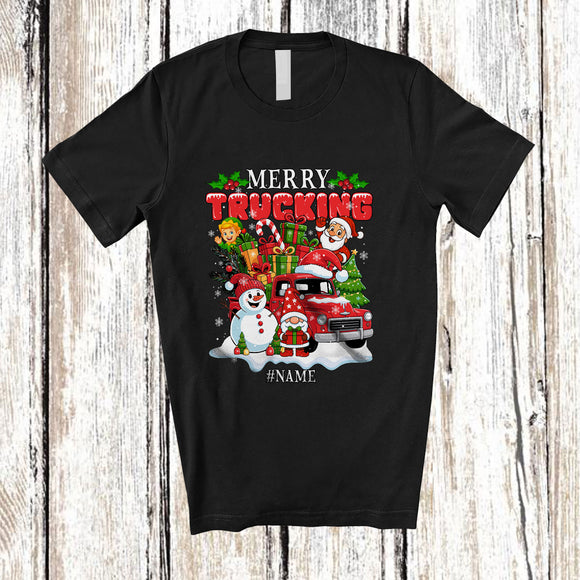 MacnyStore - Personalized Custom Name Merry Trucking; Joyful Christmas Santa On Pickup Truck Driver T-Shirt