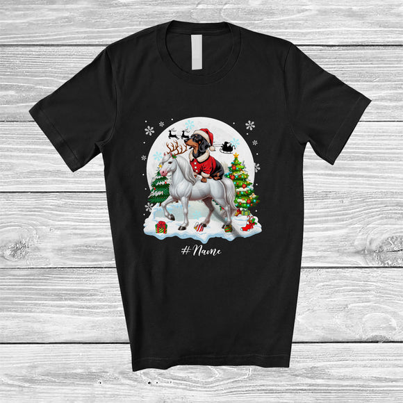 MacnyStore - Personalized Custom Name Santa Dachshund Riding Horse; Merry Christmas Moon Snow Animal T-Shirt