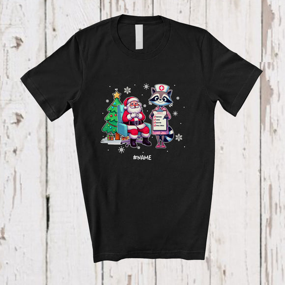 MacnyStore - Personalized Custom Name Nurse Raccoon With Santa; Humorous Christmas Tree Nursing T-Shirt