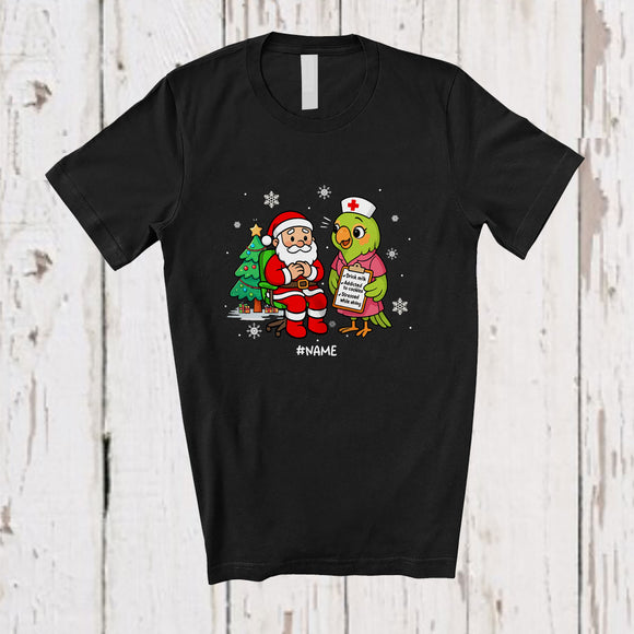 MacnyStore - Personalized Custom Name Nurse Parrot With Santa; Humorous Christmas Tree Parrot Nursing T-Shirt