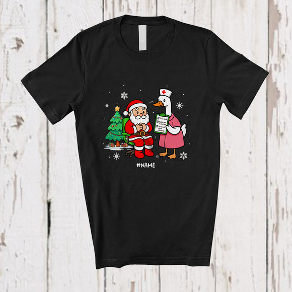 MacnyStore - Personalized Custom Name Nurse Goose With Santa; Humorous Christmas Tree Farmer Nursing T-Shirt
