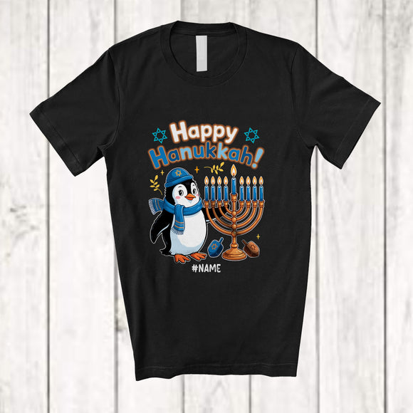 MacnyStore - Personalized Custom Name Happy Hanukkah; Adorable Chanukah Menorah Penguins Animal T-Shirt