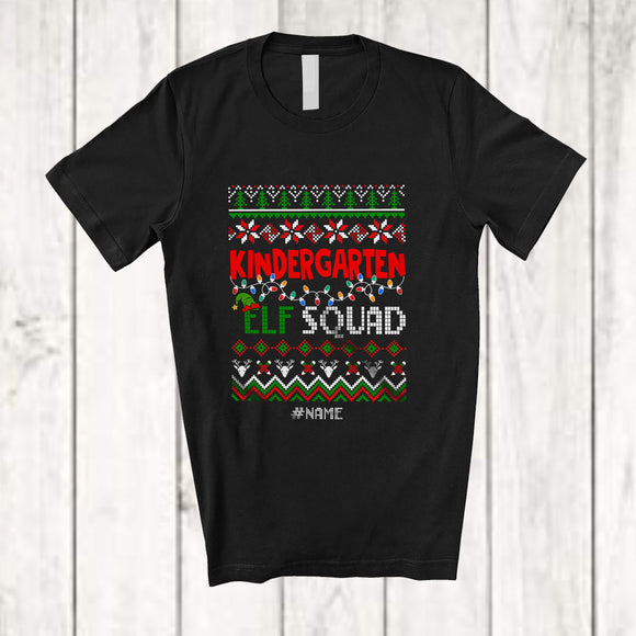 MacnyStore - Personalized Kindergarten Elf Squad; Lovely Christmas Lights Sweater; Custom Name Students Teacher T-Shirt