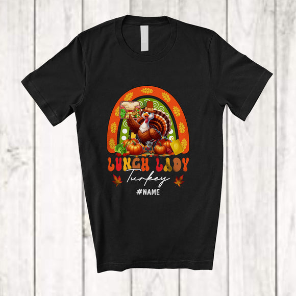 MacnyStore - Personalized Custom Name Lunch Lady Turkey; Adorable Thanksgiving Fall Rainbow Pumpkin T-Shirt