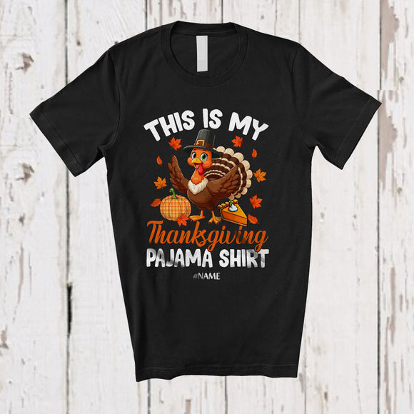 MacnyStore - Personalized Custom Name My Thanksgiving Pajama Shirt; Joyful Turkey Plaid Pumpkins T-Shirt