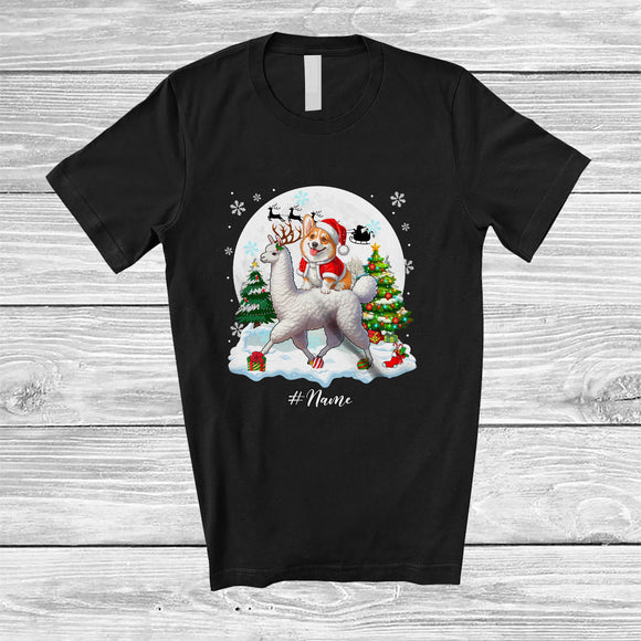 MacnyStore - Personalized Custom Name Santa Corgi Riding Llama; Merry Christmas Moon Snow Animal T-Shirt
