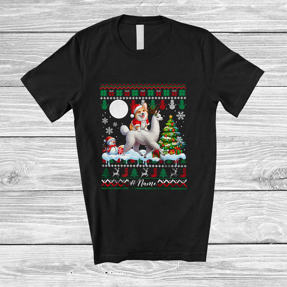 MacnyStore - Personalized Custom Name Santa Corgi Riding Llama; Merry Christmas Sweater Moon Animal T-Shirt
