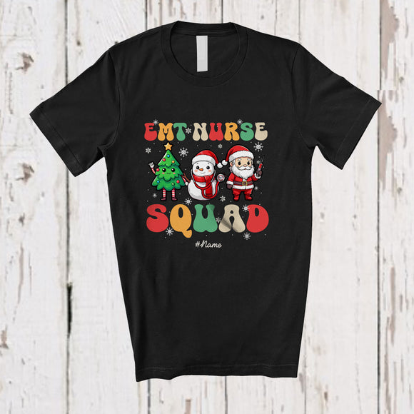 MacnyStore - Personalized Custom Name EMT Nurse Squad; Humorous Christmas Tree Snowman Santa T-Shirt