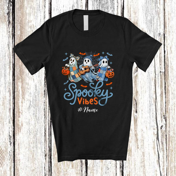 MacnyStore - Personalized Custom Name Spooky Vibes; Lovely Halloween Three Boo Playing Guitar Musician T-Shirt