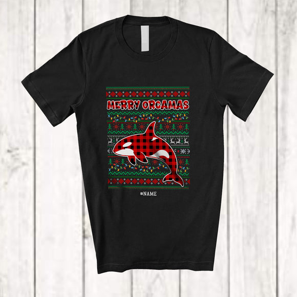 MacnyStore - Personalized Custom Name Merry Orcamas; Amazing Christmas Sweater Plaid Orca Killer Whale T-Shirt