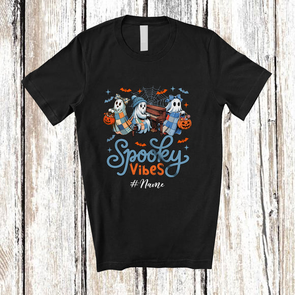 MacnyStore - Personalized Custom Name Spooky Vibes; Lovely Halloween Three Boo Playing Piano Musician T-Shirt