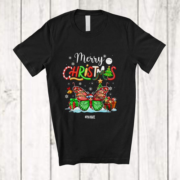 MacnyStore - Personalized Custom Name Merry Christmas; Lovely X-mas Tree Snowing Santa Butterfly Animal T-Shirt