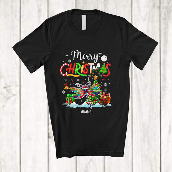 MacnyStore - Personalized Custom Name Merry Christmas; Lovely X-mas Tree Snowing Santa Dragonfly Animal T-Shirt