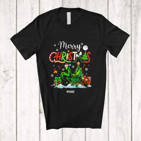 MacnyStore - Personalized Custom Name Merry Christmas; Lovely X-mas Tree Snowing Santa Mantis Animal T-Shirt