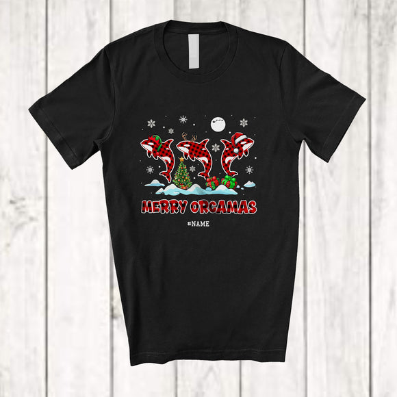 MacnyStore - Personalized Custom Name Merry Orcamas; Amazing Christmas Three Plaid Orca Killer Whale T-Shirt