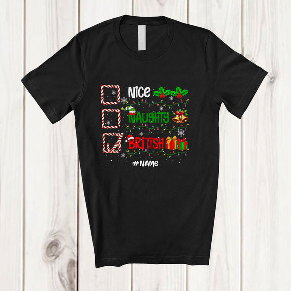 MacnyStore - Personalized Custom Name Nice Naughty British; Sarcastic Christmas Lights Pajama Family T-Shirt