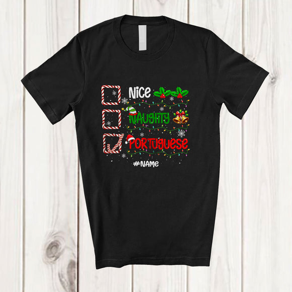 MacnyStore - Personalized Custom Name Nice Naughty Portuguese; Sarcastic Christmas Lights Pajama Family T-Shirt