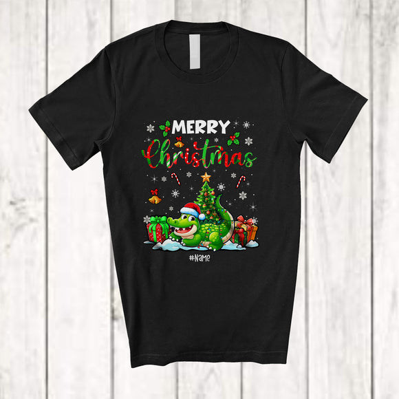 MacnyStore - Personalized Custom Name Merry Christmas; Lovely X-mas Tree Snowing Santa Crocodile Animal T-Shirt