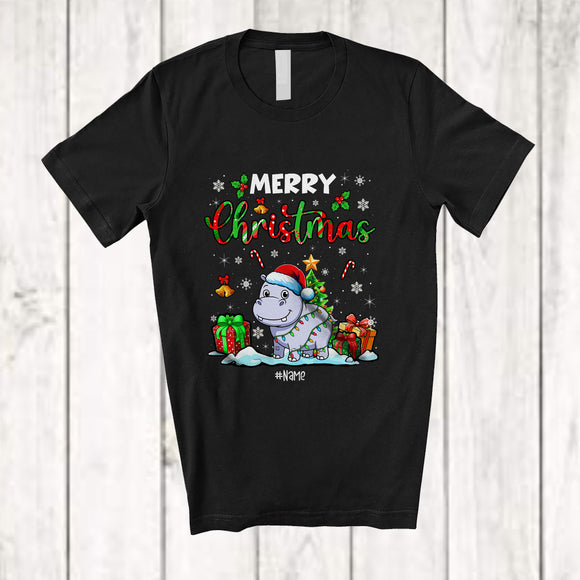 MacnyStore - Personalized Custom Name Merry Christmas; Lovely X-mas Tree Snow Santa Hippopotamus Animal T-Shirt