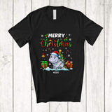 MacnyStore - Personalized Custom Name Merry Christmas; Lovely X-mas Tree Snow Santa Hippopotamus Animal T-Shirt