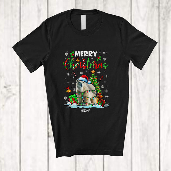 MacnyStore - Personalized Custom Name Merry Christmas; Lovely X-mas Tree Snowing Santa Polar Bear Animal T-Shirt