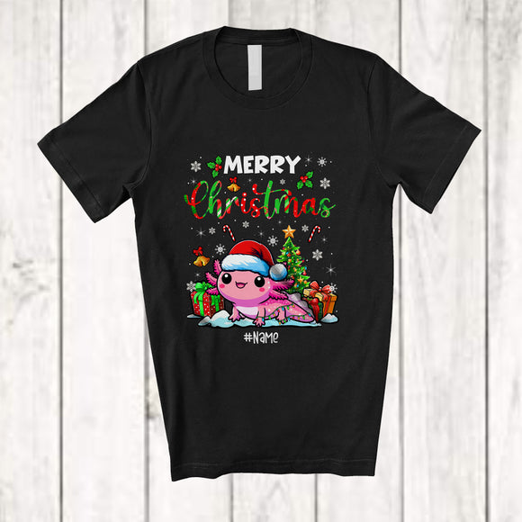 MacnyStore - Personalized Custom Name Merry Christmas; Lovely X-mas Tree Snowing Santa Axolotl Animal T-Shirt