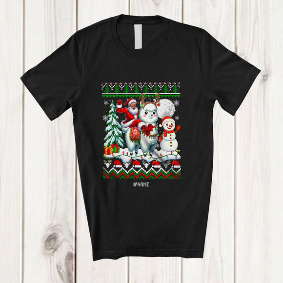 MacnyStore - Personalized Custom Name Santa Riding Llama; Awesome Christmas Sweater Snowman Animal T-Shirt