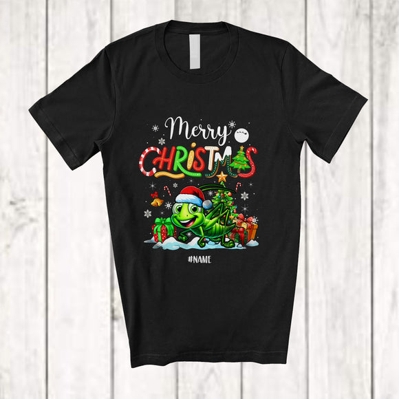 MacnyStore - Personalized Custom Name Merry Christmas; Lovely X-mas Tree Snow Santa Grasshopper Animal T-Shirt