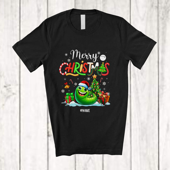 MacnyStore - Personalized Custom Name Merry Christmas; Lovely X-mas Tree Snowing Santa Worm Animal T-Shirt