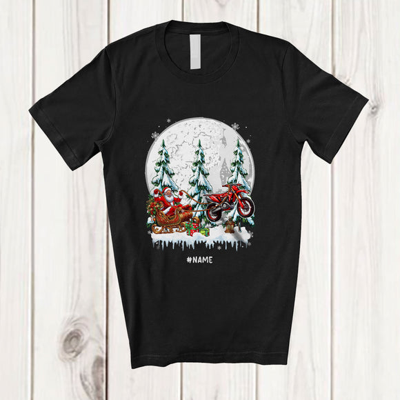 MacnyStore - Personalized Custom Name Santa Sledding Dirt Bike Sleigh; Joyful Christmas Tree Moon Riding T-Shirt