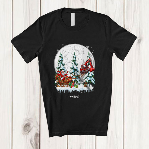 MacnyStore - Personalized Custom Name Santa Sledding Excavator Sleigh; Joyful Christmas Tree Moon Driver T-Shirt