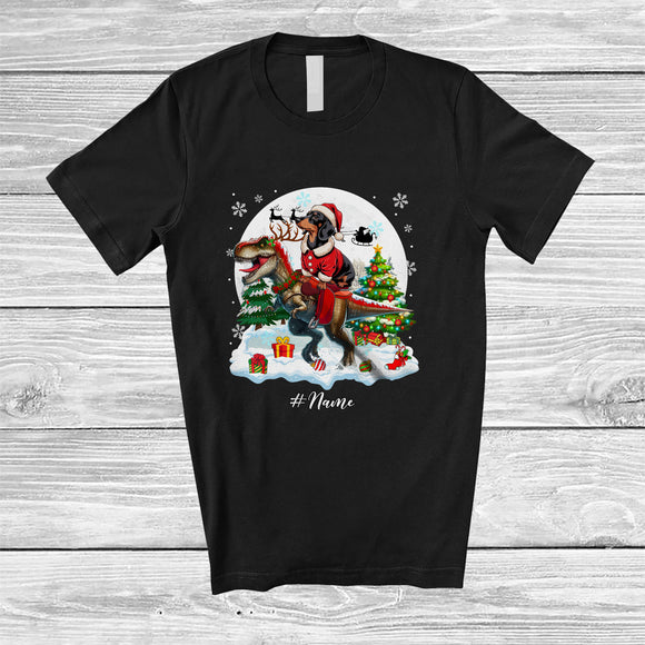 MacnyStore - Personalized Custom Name Santa Dachshund Riding T-Rex; Merry Christmas Moon Snow Animal T-Shirt