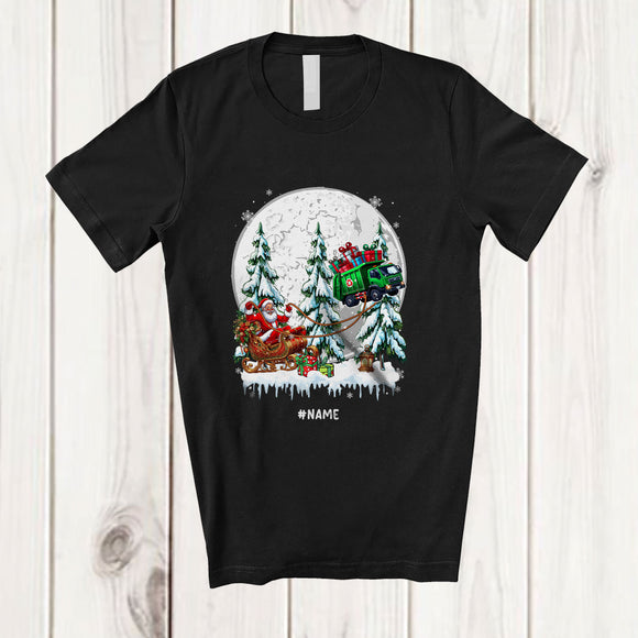 MacnyStore - Personalized Custom Name Santa Sledding Garbage Truck Sleigh; Joyful Christmas Tree Moon Driver T-Shirt