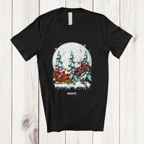 MacnyStore - Personalized Custom Name Santa Sledding Motorcycle Sleigh; Joyful Christmas Tree Moon Riding T-Shirt