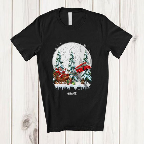 MacnyStore - Personalized Custom Name Santa Sledding School Bus Sleigh; Joyful Christmas Tree Moon Driver T-Shirt