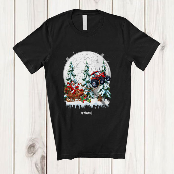 MacnyStore - Personalized Custom Name Santa Sledding Tractor Sleigh; Joyful Christmas Tree Moon Driver T-Shirt