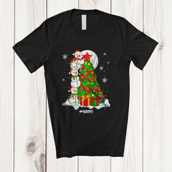 MacnyStore - Personalized Custom Name Snowman Building Christmas Tree; Merry X-mas Snowman; Family T-Shirt