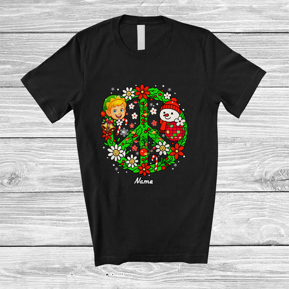 MacnyStore - Personalized Custom Name Floral Peace Sign Elf Snowman Face; Adorable Christmas Family T-Shirt