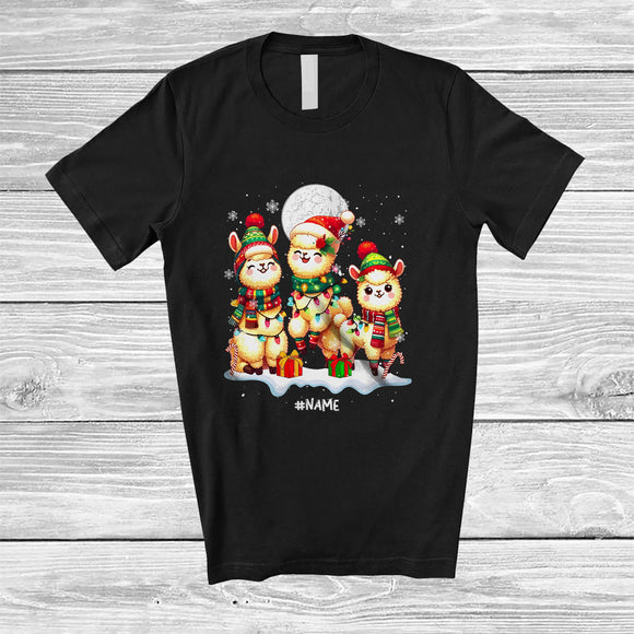 MacnyStore - Personalized Custom Name Three Santa Llama; Adorable Christmas Lights Snowing Family T-Shirt